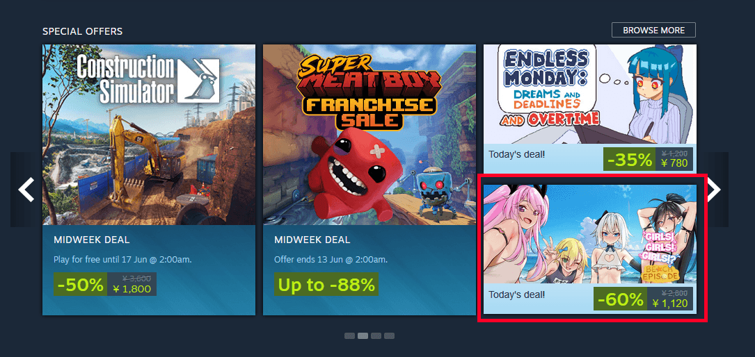 Girls! Girls! Girls!? in the Japanese Steam storefront's Today's Deal carousel at a 60 percent discount, outlined in red for reference.