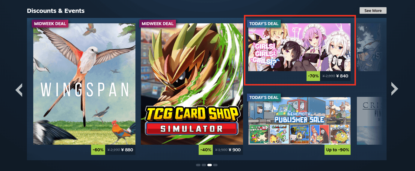 Girls! Girls! Girls!? in the Japanese Steam storefront's Today's Deal carousel at a 70 percent discount, outlined in red for reference.